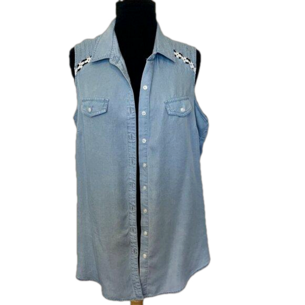 Sleeveless denim blue womens top blouse SZ LG by Zac and Rachel - lace accents